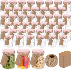 there are many jars with different types of food in them and the string is attached to each jar