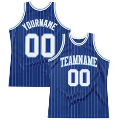 Custom Royal White Pinstripe White-Light Blue Authentic Basketball Jersey Collegiate Striped Tops With Team Name, Sleeveless Blue Tops For College, Collegiate Blue Sleeveless Tops, Blue Sleeveless Collegiate Tops, Blue Sleeveless Collegiate Style Top, Striped Team Name Top For Sports Events, Striped Tops With Team Name For Sports Events, Striped Tops For Sports Events With Team Spirit, Striped Sports Top With Team Name