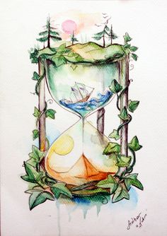 a drawing of an hourglass with a boat in the water and trees around it