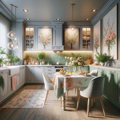 the kitchen is decorated in pastel colors and has white cupboards with flowers on them