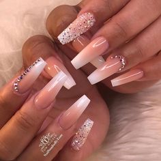 Nail art Christmas the festive spirit on the nails. Over 70 creative Stone Nails, Ombre Acrylic Nails, White Acrylic Nails, Nails Design With Rhinestones, Long Acrylic Nails Coffin, Bling Acrylic Nails, Gem Nails, Diamond Nails, Pink Acrylic Nails