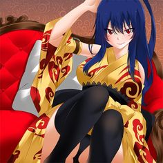 an anime character sitting on a red couch with her arm up in the air, wearing a yellow dress and black tights