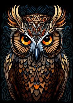 an owl with orange eyes and ornate patterns on it's head, in front of a black background