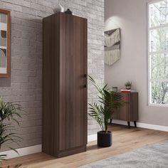 a tall wooden cabinet sitting in front of a window next to a potted plant