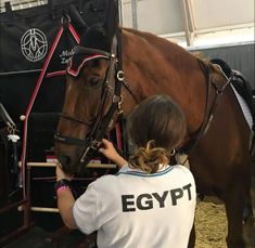 a woman standing next to a brown horse