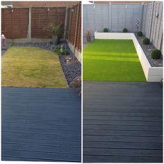 two pictures side by side with grass in the middle and on the other, there is a small garden