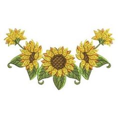 a sunflower with green leaves and yellow flowers is shown in the center of this embroidery design