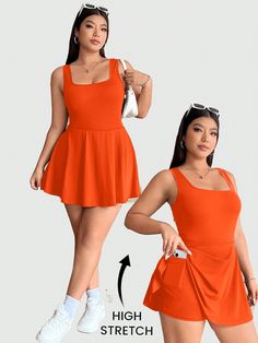 Naranja Casual Collar sin mangas Tela tejida Liso Más Embellished Estiramiento medio One Piece Outfit, Sleeveless Rompers, Plus Clothing, Online Clothing, Knitted Fabric, Length Sleeve, Jumper, Active Wear, Rompers