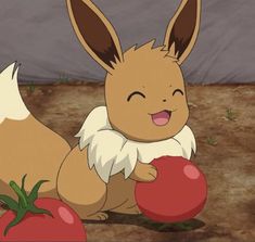 an animated image of a rabbit holding a tomato in its paws and standing on the ground