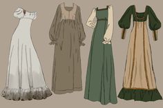 three dresses from the early 1800's, one in green and one in white