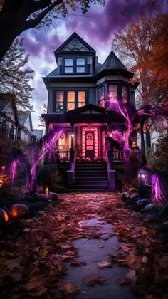 a halloween house with purple lights and pumpkins