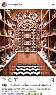 a room filled with lots of different types of plates and vases on wooden shelves