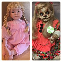 two pictures of the same doll as they appear to be in halloween costumes, one is holding a lollipop