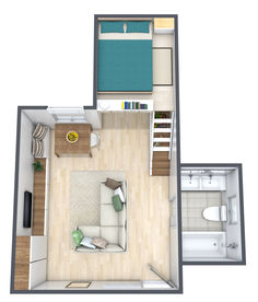 A light wooded and teal 3D floor plan with one bedroom loft above the kitchen, and an open space layout. Bedroom House, House Floor, Space Saving Solutions, Bedroom House Plans, Bedroom Loft