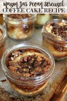 three jars filled with dessert sitting on top of a table