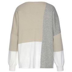 The LASCANA Women's Color Block Sweater is the perfect blend of style and comfort, designed to keep you warm and cozy throughout the seasons. Featuring a chic color block pattern, this sweater is crafted from soft, 100% Sustainable Cotton, offering a gentle touch and high-quality feel. The round neckline and slight gathering at the cuffs add a classic, relaxed fit, while the dropped shoulders provide a laid-back yet stylish look. With a loose fit that runs large, this sweater is both comfortable Winter Color Block Sweatshirt For Loungewear, Cream Color Block Long Sleeve Sweater, Chic Tops With Contrast Color For Fall, Oversized Contrast Color Top For Winter, Oversized Tops With Contrast Color For Winter, Cream Color Block Sweater For Winter, White Color Block Sweatshirt For Layering, Beige Knit Sweater With Patchwork, Cozy Patchwork Sweater For Layering