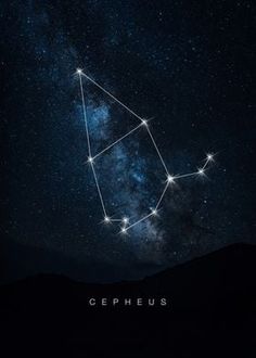 the zodiac sign cephus against a night sky with stars and mountains in the background