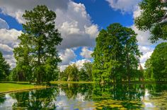 a pond surrounded by trees and clouds in the sky