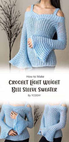 the crochet light weight bell sleeve sweater is shown in three different views, and has