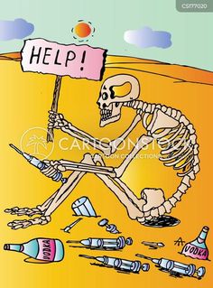 a cartoon skeleton sitting on the ground holding a sign that says help and bottles are scattered around it