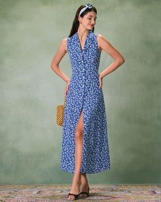 The Blue Collared Button-up Floral Maxi Dress & Reviews - Blue - Dresses | RIHOAS Button Up Maxi Dress, Maxi Dress Floral, Athleisure Tops, Floral Shirt Dress, Fit Details, Mom Dress, Dresses 2024, Summer Fabrics, Maxi Dress Blue