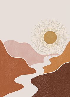 the sun shines brightly over mountains in this desert landscape illustration by person, via art and design