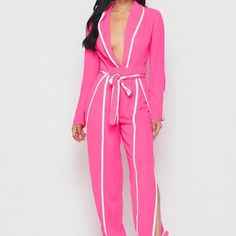 Hot/ Fuchsia White Piping Details Opening On The Leg Tied Waist Belt Tied Ankles Long Sleeves 100% Polyester 100% Polyester Lining Chic Pink Jumpsuit With Tie Waist, Chic Pink Jumpsuits And Rompers With Tie Waist, Red High, Lace Ruffle, White Long Sleeve, Waist Belt, Piping, Pink Ladies, Pant Jumpsuit