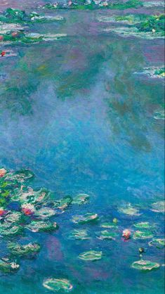 an oil painting of water lillies and clouds