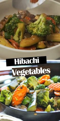 two pictures showing different types of vegetables in the same pan and one with broccoli