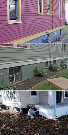 before and after pictures of a house being painted purple, then the front yard is covered in mulch