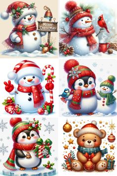 four snowmen with christmas hats and scarves, one is holding a teddy bear