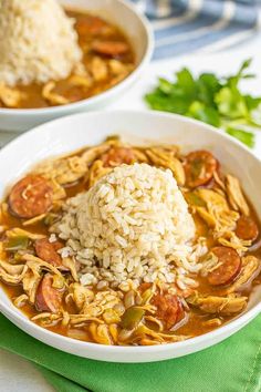 chicken and sausage gumbo in a white bowl