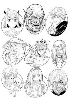 some anime characters are drawn in black and white, with different expressions on the faces