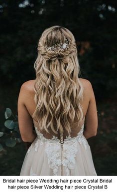 the back of a woman's head with long blonde hair, wearing a wedding dress