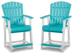 two white and blue chairs sitting next to each other on a white background with no one in it