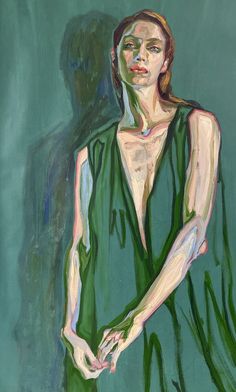 a painting of a woman in a green dress with her hands on her hips and one hand behind her back