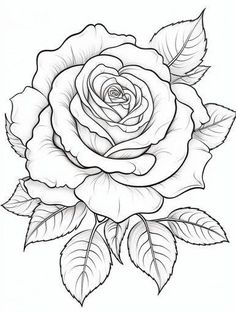 a black and white rose with leaves on the petals is shown in this drawing technique