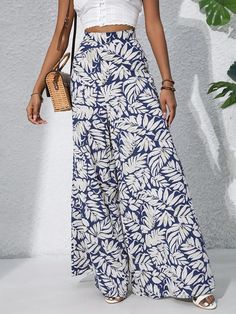 Boho Plants Print Pants, Casual High Waist Elastic Wide Leg Summer Beach Palazzo Pants, Women's Clothing Boho Plants, Womens Palazzo Pants, Plants Print, Pant Suit, Print Pants, Plant Print, Pants Casual, Palazzo Pants, Printed Pants