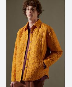 Urban Outfitters Long Sleeve Outerwear With Button Closure, Urban Outfitters Button Closure Outerwear For Fall, Urban Outfitters Outerwear With Button Closure For Fall, Urban Outfitters Button-up Winter Outerwear, Urban Outfitters Winter Button-up Outerwear, Embroidered Yellow Outerwear For Fall, Yellow Embroidered Outerwear For Fall, Fall Yellow Embroidered Outerwear, Quilted Jacket Men