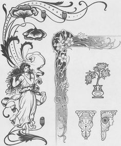 an old fashioned design with flowers and vases on the sides, including a woman holding a flower in her hand