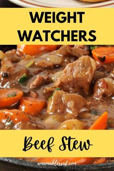 A bowl of beef stew sits on top of a table. Weight Watchers Beef Stew Crock Pot, Weight Watchers Beef Stew, Beef Stew Crock Pot, Beef Stew Crock, Weight Watchers Food Points, Weight Watchers Crock Pot Recipes, Weight Watchers Menu, Weight Watchers Meals Dinner, Crockpot Recipes Beef Stew