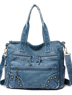 Women's Denim Blue Multi-Pocket Tote Bag - Casual Large Capacity Shoulder Bag for Daily Use and Travel 2024 - $29.99 Denim Blue Satchel Bag With Pockets, Denim Blue Shoulder Bag With Pockets For Travel, Denim Blue Bags With Double Handle And Pockets, Denim Blue Double Handle Bag With Pockets, Trendy Denim Blue Travel Bags, Denim Blue Bags For Everyday Use, Denim Blue Bags With Zipper Closure For Everyday Use, Everyday Denim Blue Bag With Zipper Closure, Everyday Denim Blue Bag With Zipper