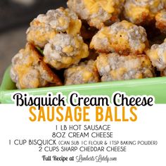 a close up of a plate of sausage balls with text overlay that reads, biscuit cream cheese sausage balls