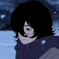 a woman with black hair wearing a scarf and looking off into the distance in front of snow covered trees