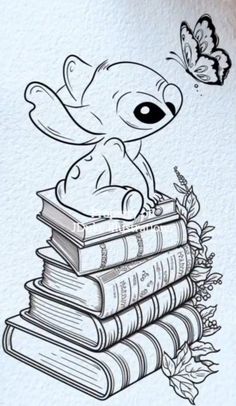 a drawing of a teddy bear sitting on top of books with a butterfly flying over it