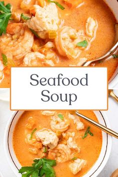 seafood soup with shrimp and carrots in a white bowl