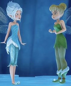 two cartoon tinkerbells standing next to each other in front of a blue background