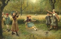 an oil painting of children playing in the woods with swings and balls on a string