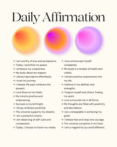 an info sheet with three different colors and words on it, including the text'daily affirmation '