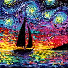 a painting of a sailboat in the ocean at night